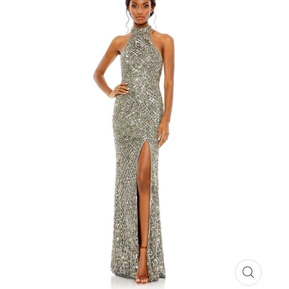 NWT Mac Duggal SEQUIN HALTER OPEN BACK GOWN gold / black Size 6 - Picture 2 of 7